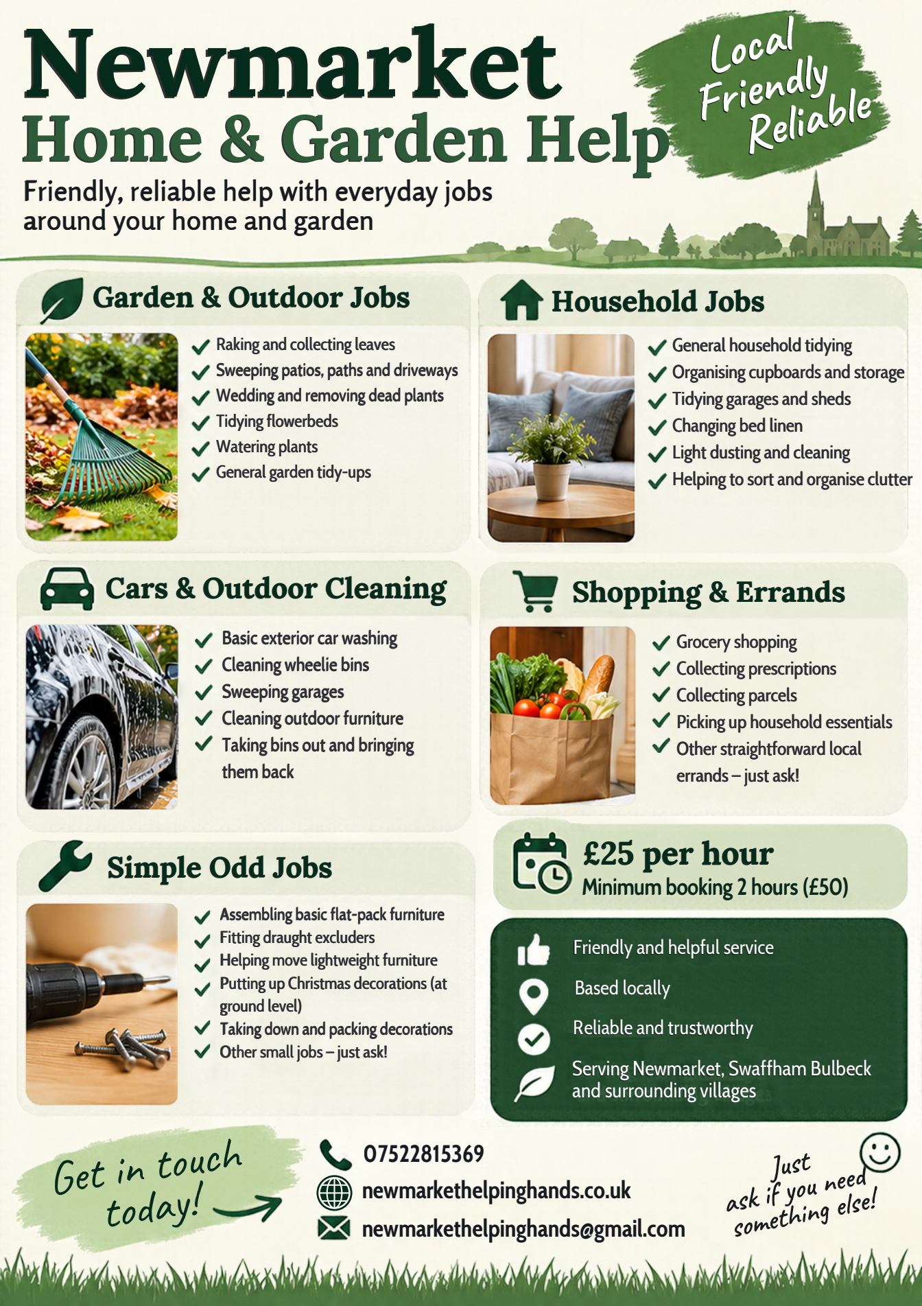 Newmarket Helping Hands promotional flyer showing garden work, household jobs, car and outdoor cleaning, shopping and errands, and simple odd jobs. £25 per hour, minimum booking two hours (£50). Call 07522 815369 or email newmarkethelpinghands@gmail.com. Full service details are listed above.